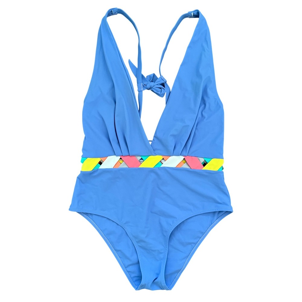 Valimare Womens Blue Plunge One Piece Swimsuit Multi Color Braided Waist Size M